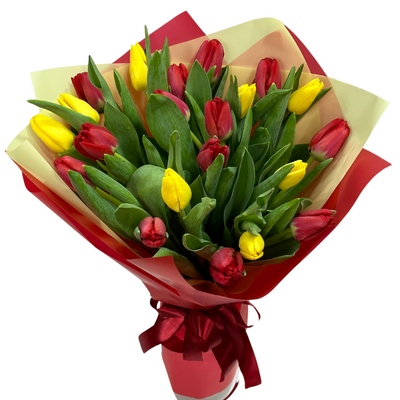 21 yellow and red tulips